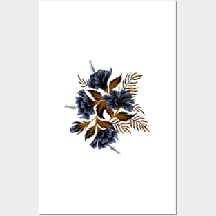 Hibiscus Floral - Mustard / Navy Posters and Art